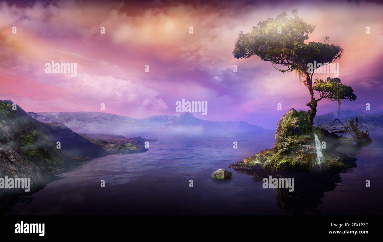 Mountain landscape with a tree on a lake island, 3D render Stock Photo -  Alamy