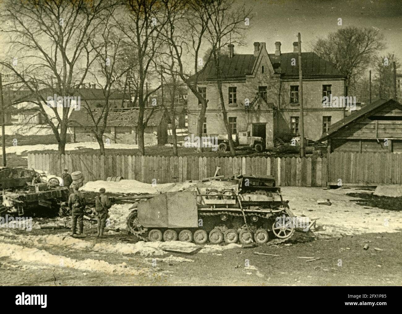 WW2 WWII knocked German tank Stug StuG III Ausf. G in Proskurov / Khmelnytskyi / Ukraine / USSR March 1944 Stock Photo