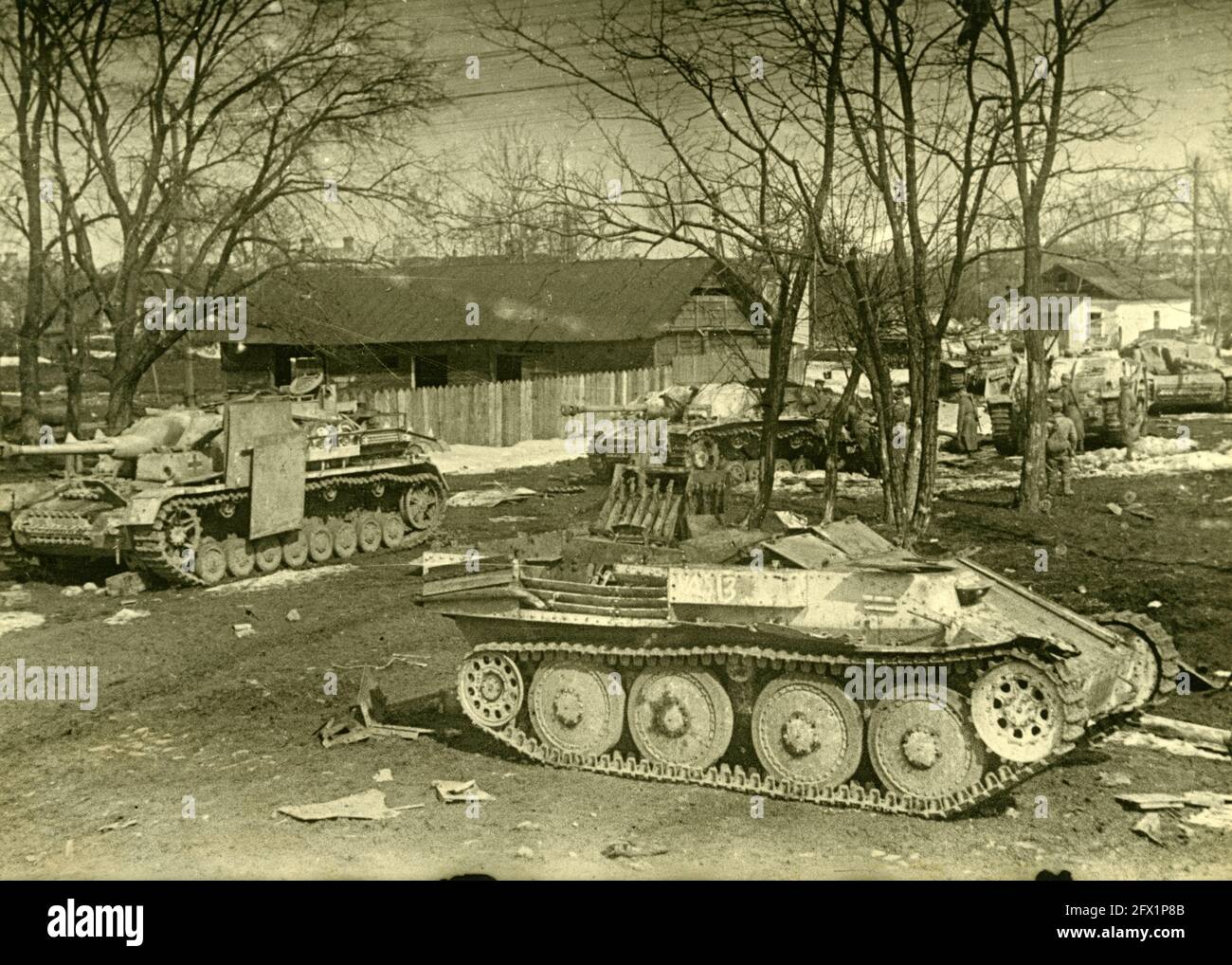 WW2 WWII knocked German tank Stug StuG III Ausf. G in Proskurov / Khmelnytskyi / Ukraine / USSR March 1944 Stock Photo