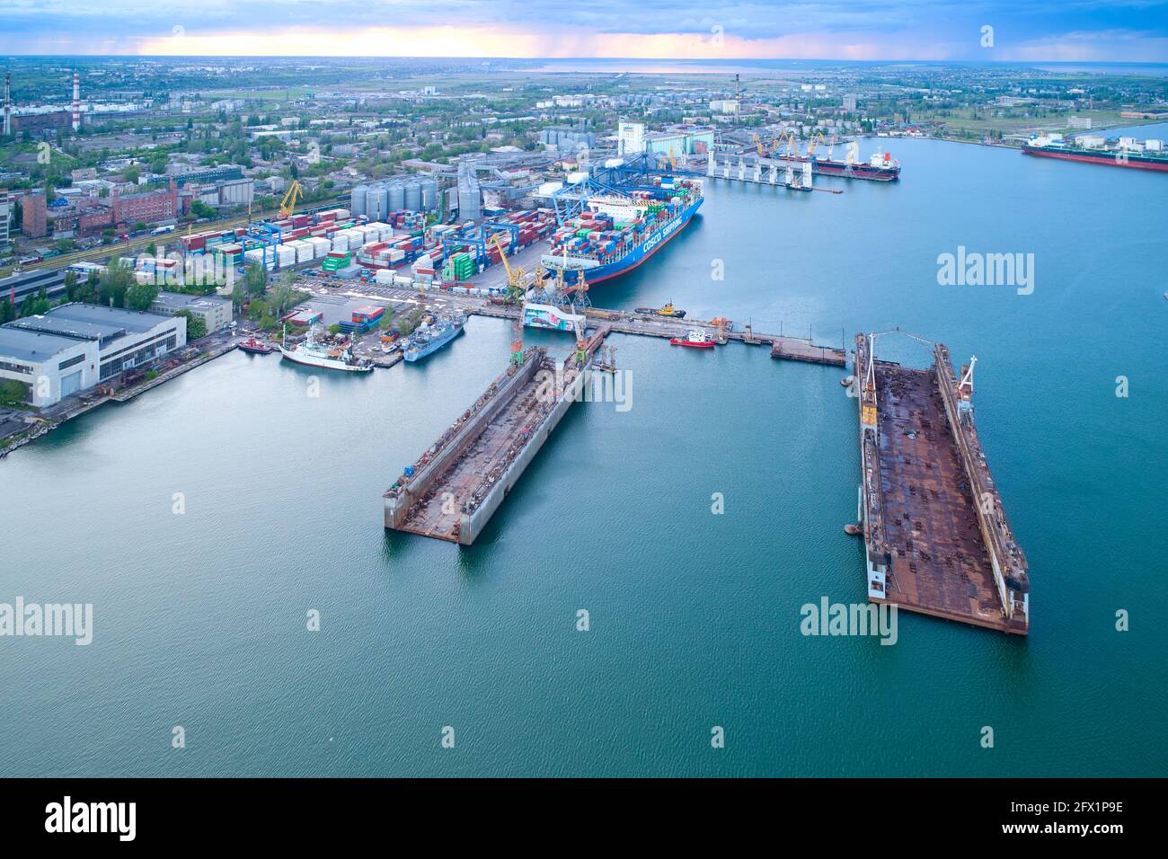 Odessa, Ukraine - May 18, 2021: Ship tanker oil or gas LPG parking on the sea waiting for unload to refinery, Aerial view oil tanker ship loading in Stock Photo