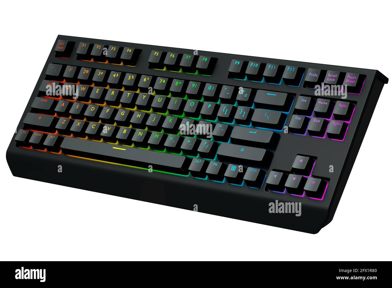 Black computer keyboard with rgb colors isolated on white background. Stock Photo