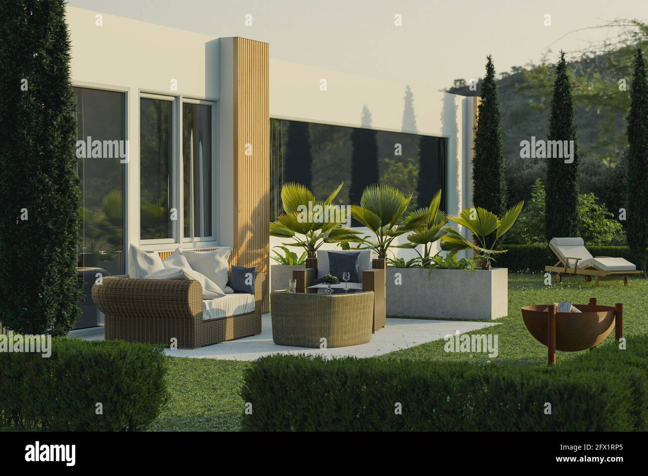 3d rendering of beautiful terrace with rattan furniture and rusty firebowl at garden Stock Photo