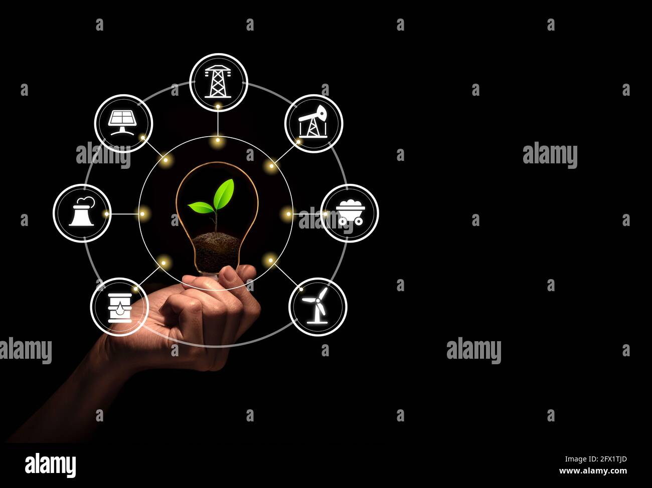 Hand holding bulb with fresh green leaf inside isolate black background  with icons energy sources for renewable, sustainable development Stock  Photo - Alamy