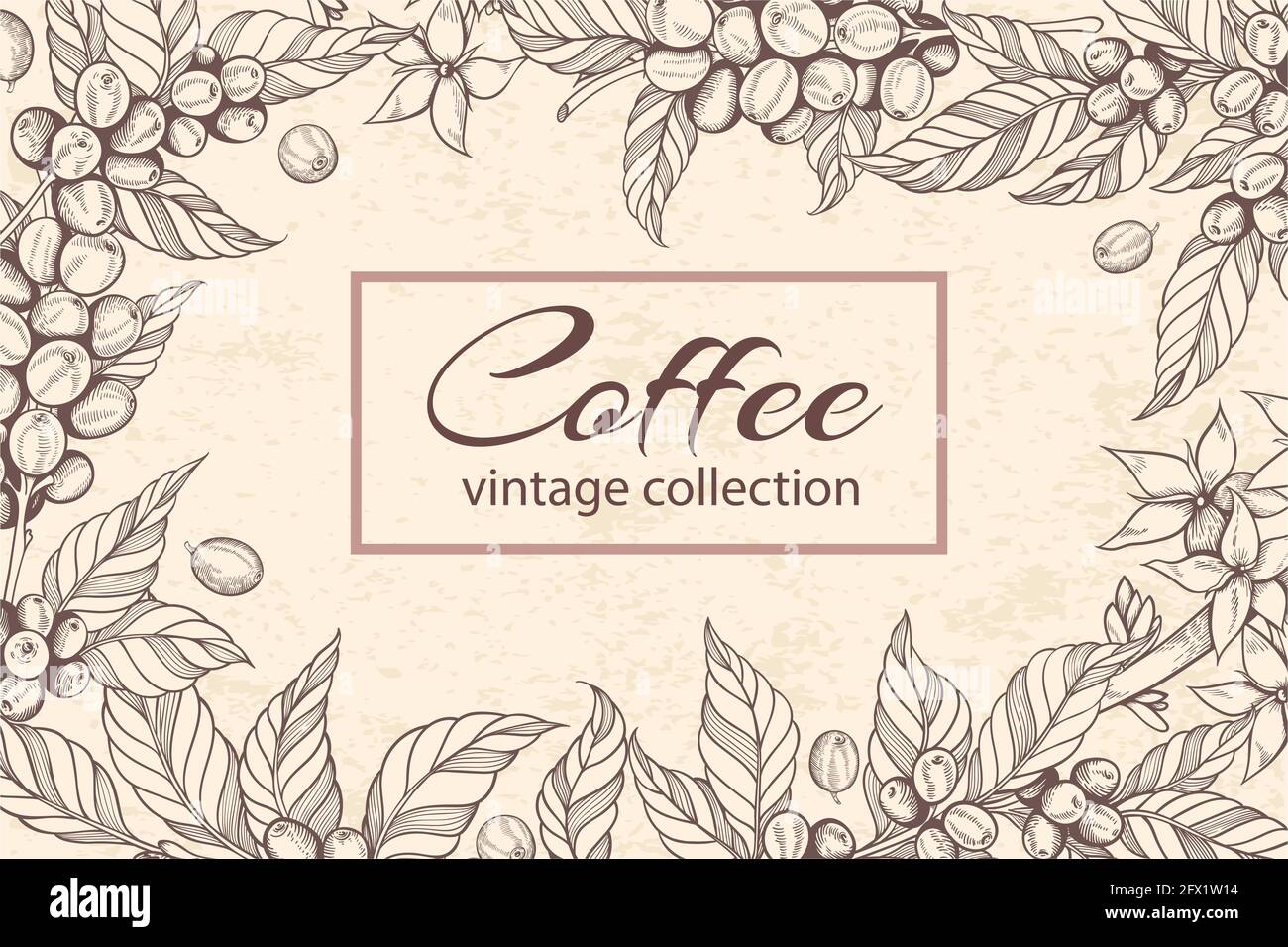Decorative floral frame with hand drawn coffee plants and coffee beans
