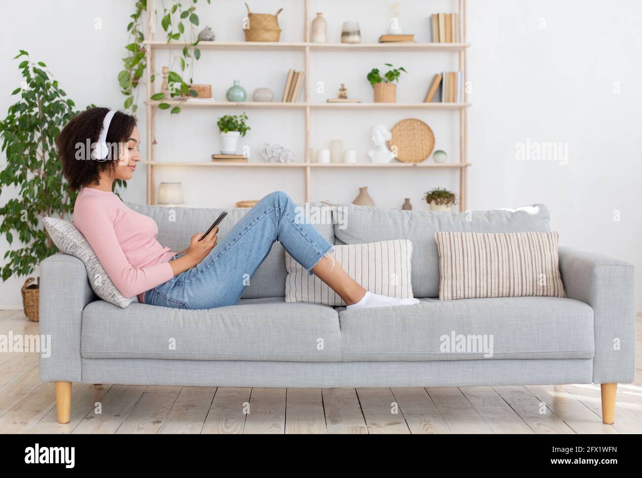 Free time, weekends, rest at home with devices during COVID-19 pandemic Stock Photo