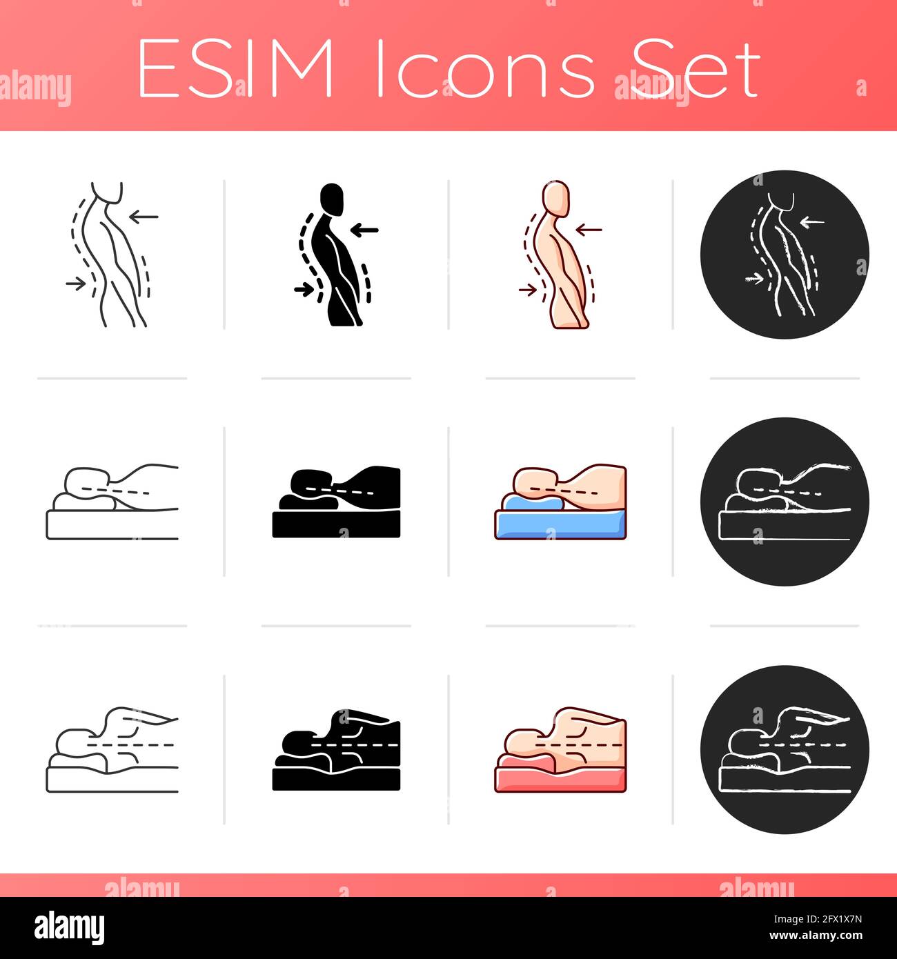 Poor posture problems icons set Stock Vector