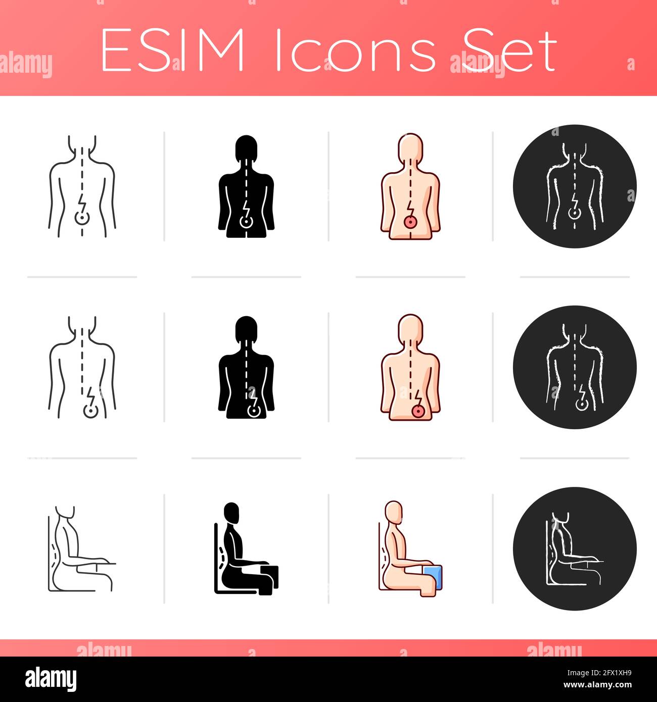 Bad posture problems icons set Stock Vector
