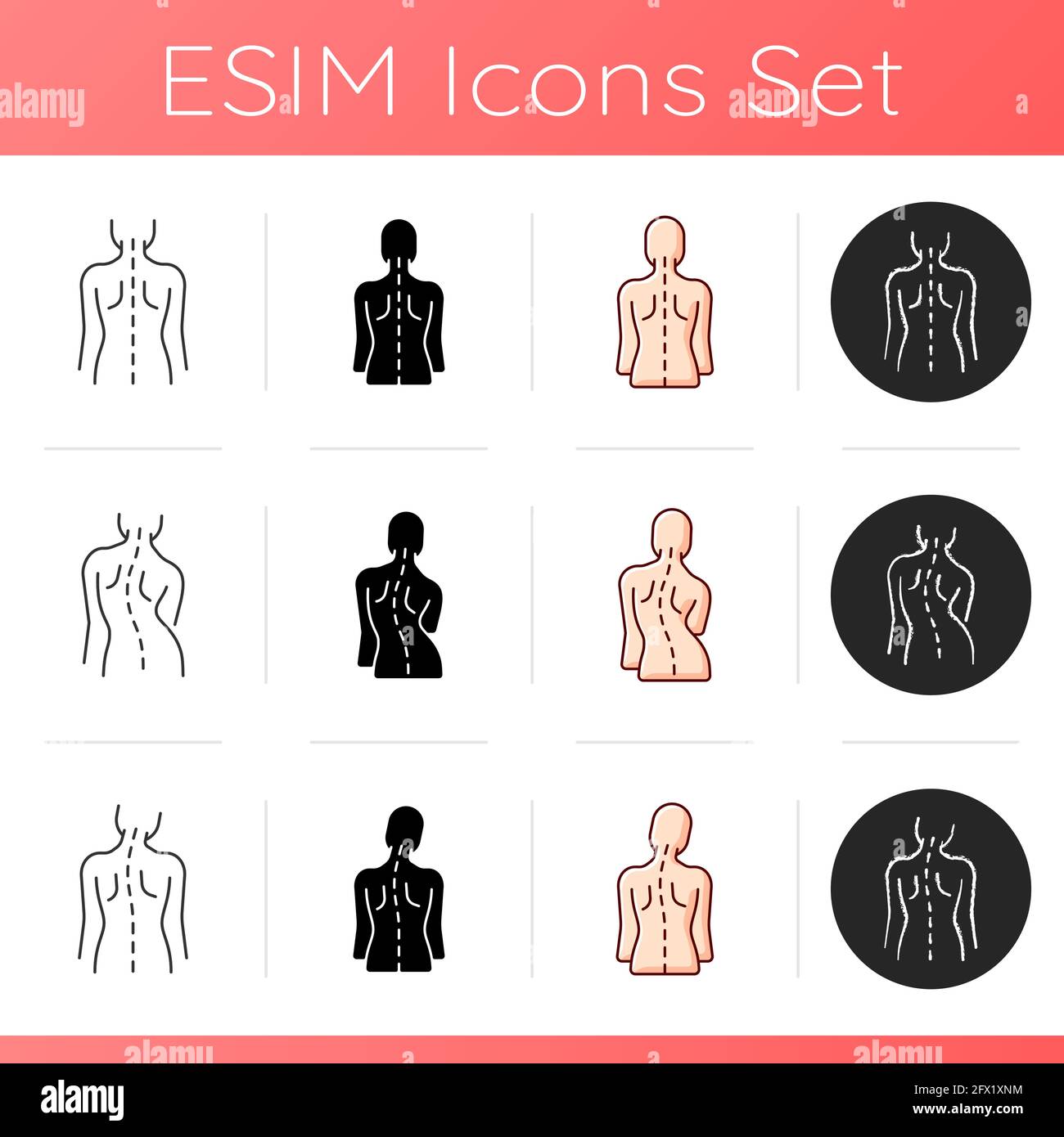 Back and posture problems icons set Stock Vector