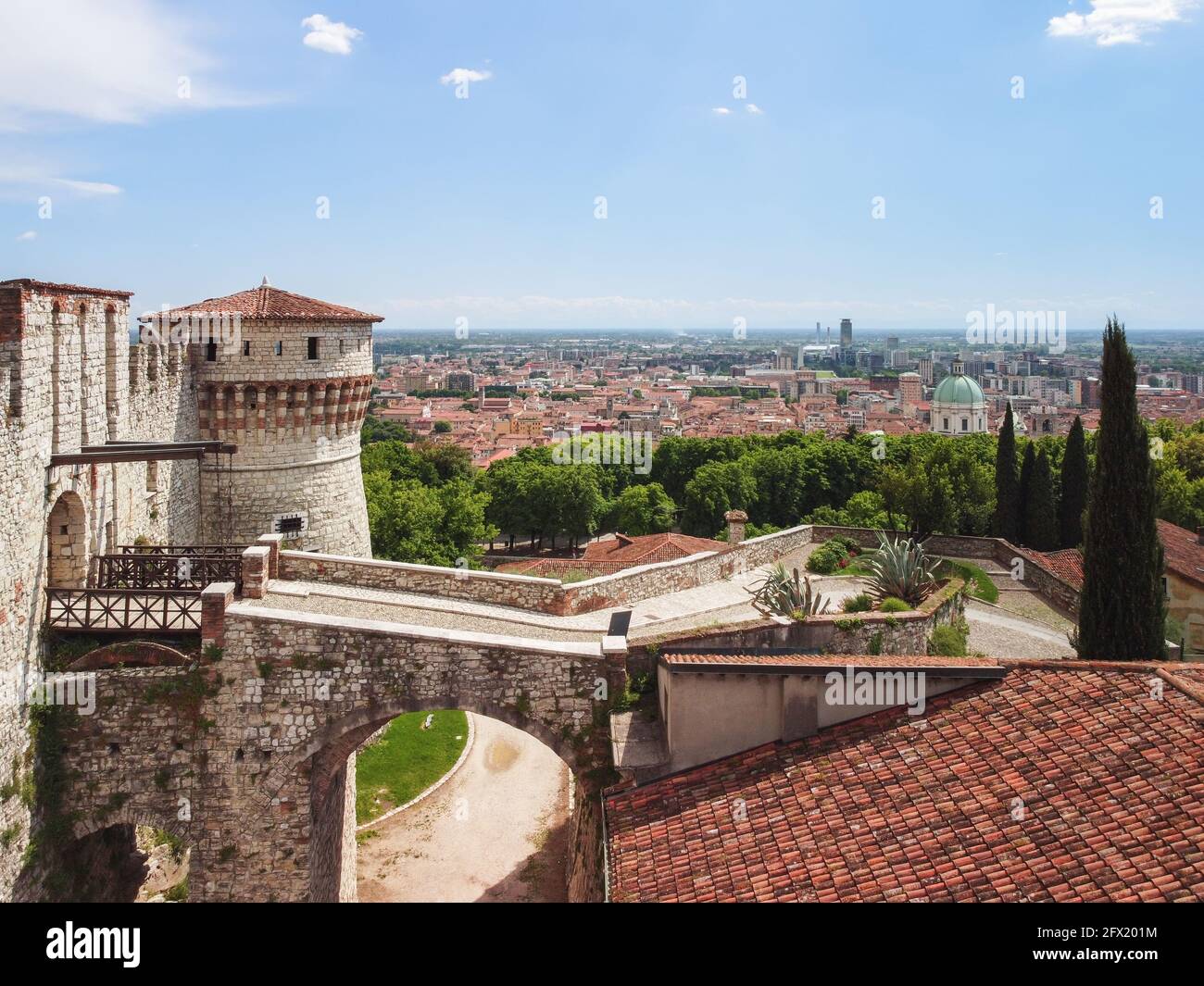 Beautiful view from a drone to the main entrance with a drawbridge to the  medieval castle of Brescia city Stock Photo - Alamy