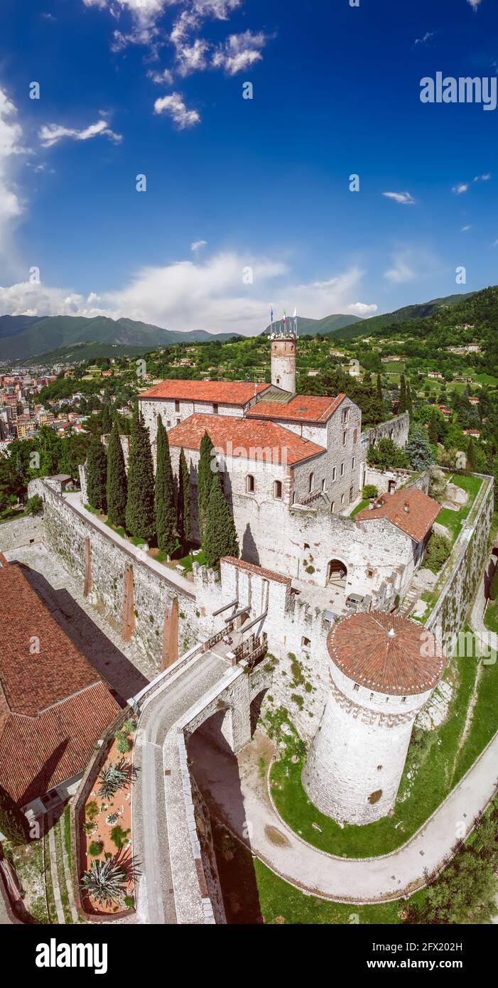 Beautiful vertical panoramic view from a drone of a medieval castle and  surrounding landscape in Brescia city Stock Photo - Alamy