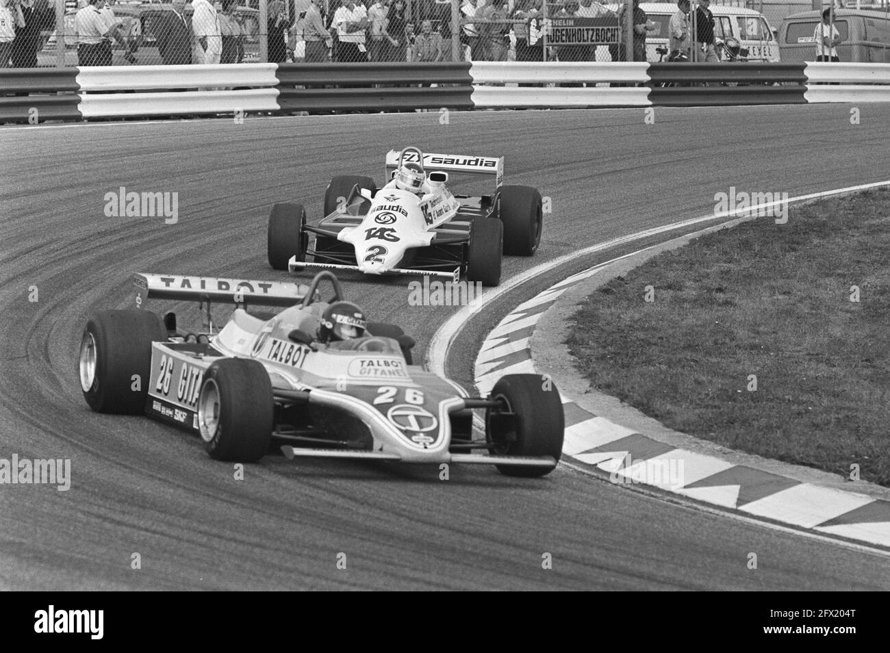 In the foreground French driver Jacques Lafitte in a Ligier-Matra followed by Argentine Carlos Reutemann with Williams-Ford during the Grand Prix Formula 1 at Zandvoort, August 30, 1981, Grand Prix Zandvoort, Grand Prix of the Netherlands, racing drivers, circuits, race cars, races, competitions, The Netherlands, 20th century press agency photo, news to remember, documentary, historic photography 1945-1990, visual stories, human history of the Twentieth Century, capturing moments in time Stock Photo