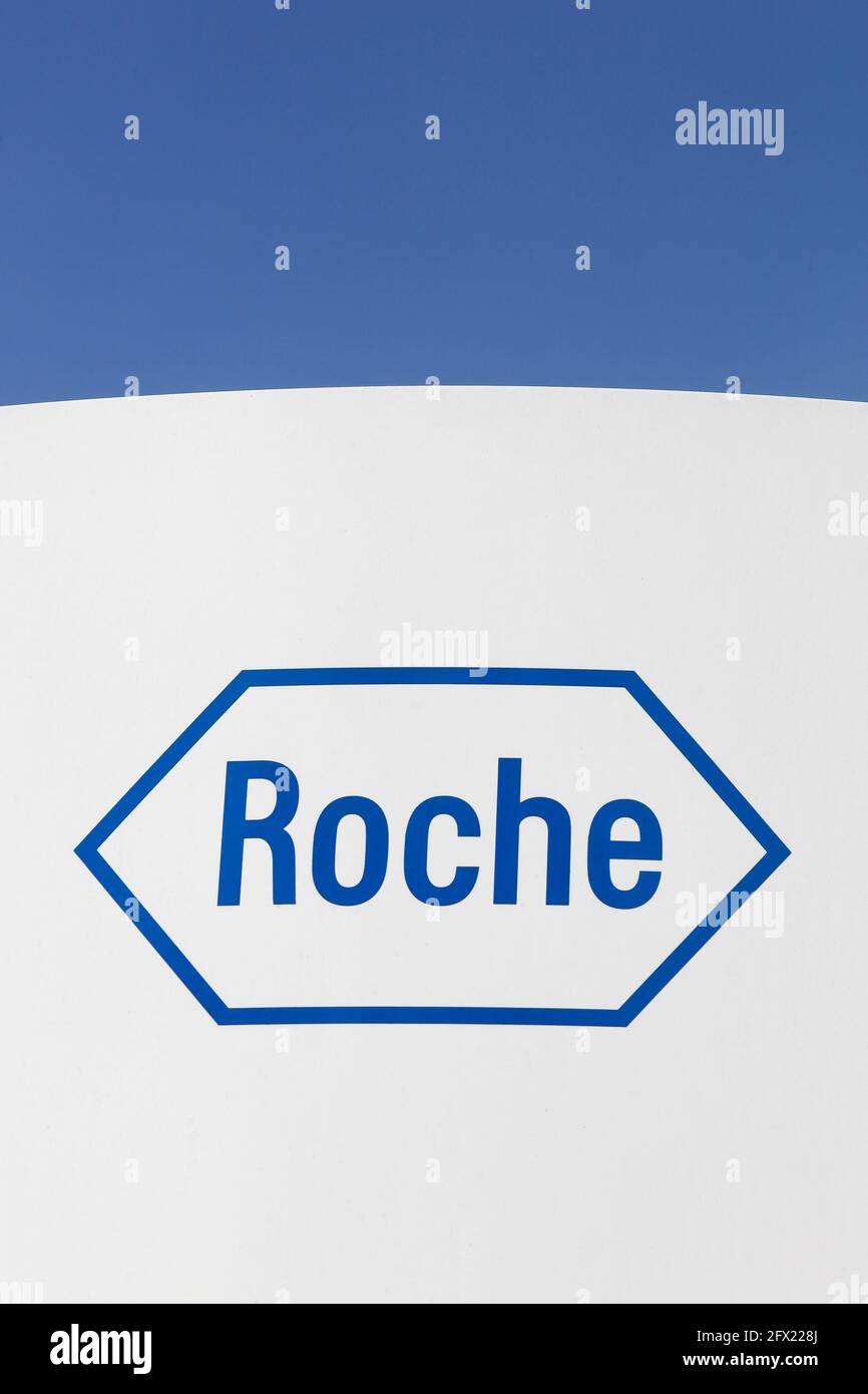 Meylan, France - June 15, 2019: Roche logo on a panel. F.Hoffmann-La Roche AG is a Swiss multinational healthcare company Stock Photo