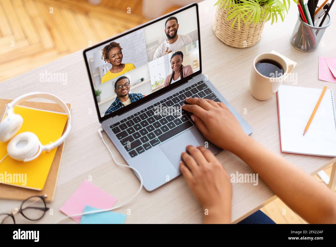 Covid-19 lockdown, social distance, remote online meeting with friends, colleagues Stock Photo