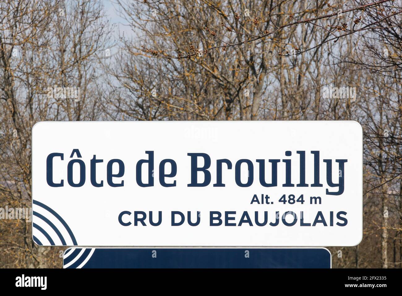 Road sign with Cote de Brouilly, altitude 484 meters, cru du Beaujolais, France Stock Photo