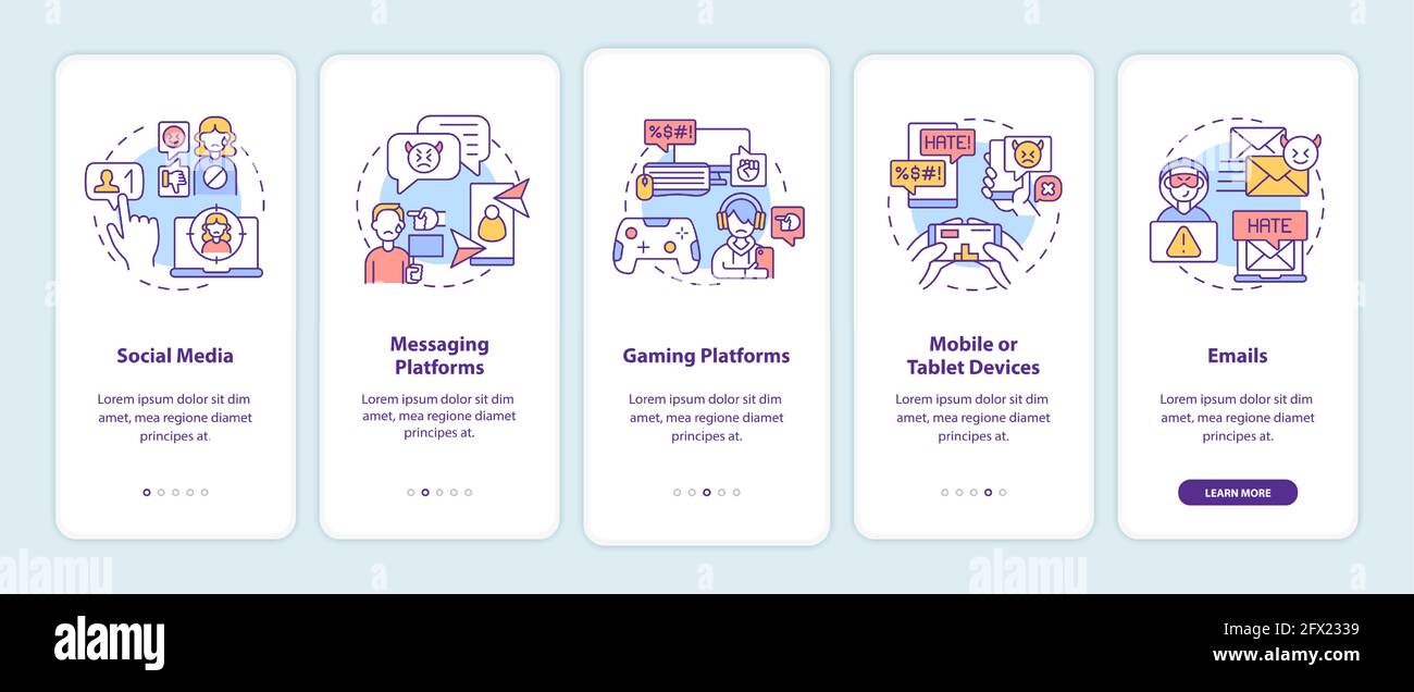Cyberbullying channels onboarding mobile app page screen with concepts ...