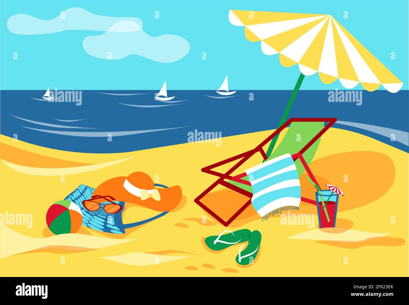 Vector beach with waves umbrellas sunbed hat ball cocktail flip flop ...