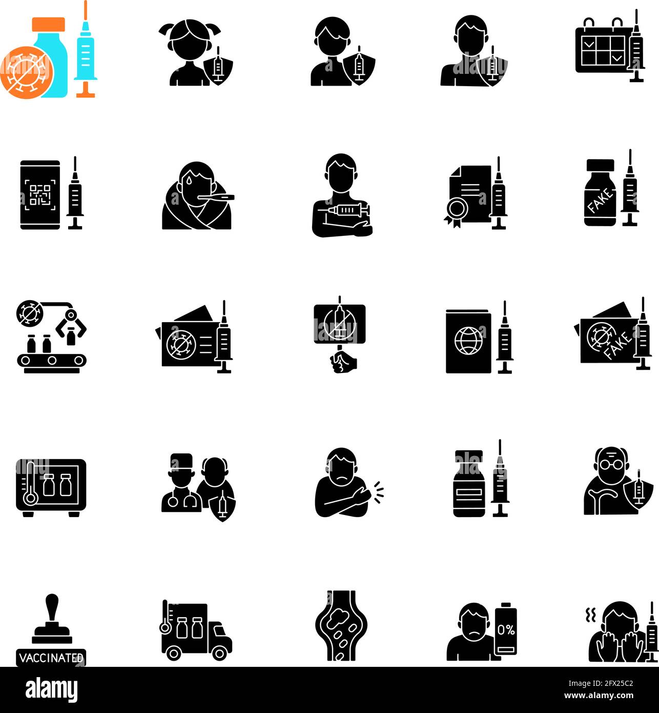 Vaccination and covid passport black glyph icons set on white space ...