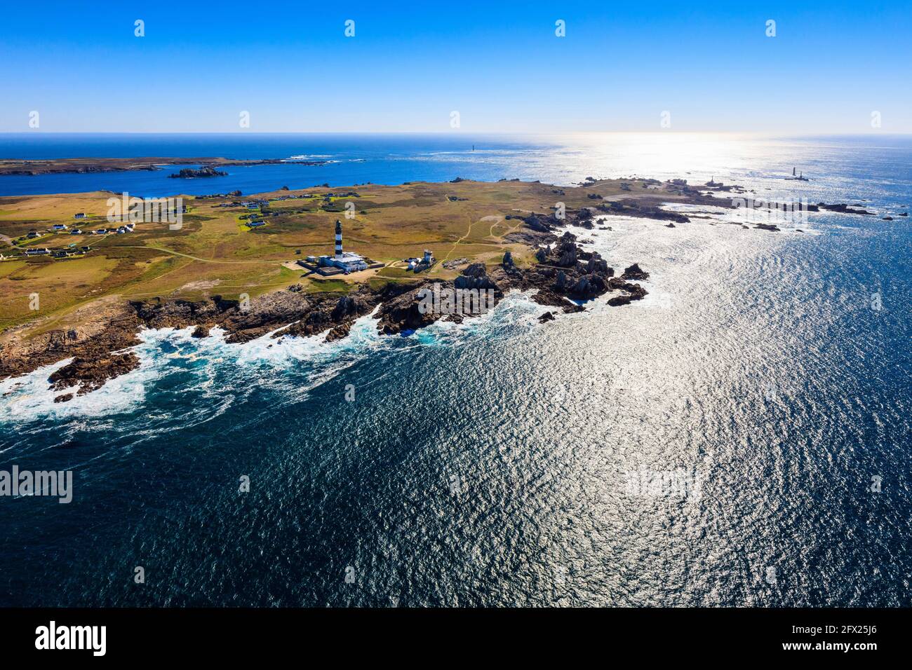 FRANCE. FINISTERE (29) OUESSANT, ISLAND. AERIAL VIEW OF CREAC'H  LIGHTHOUSE Stock Photo