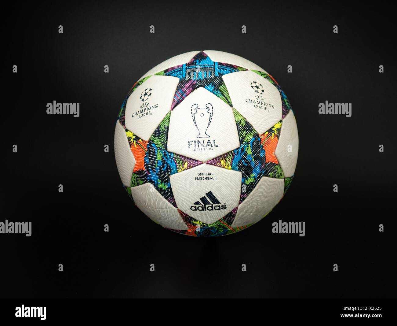 Soccer ball on black background, nike football Stock Photo