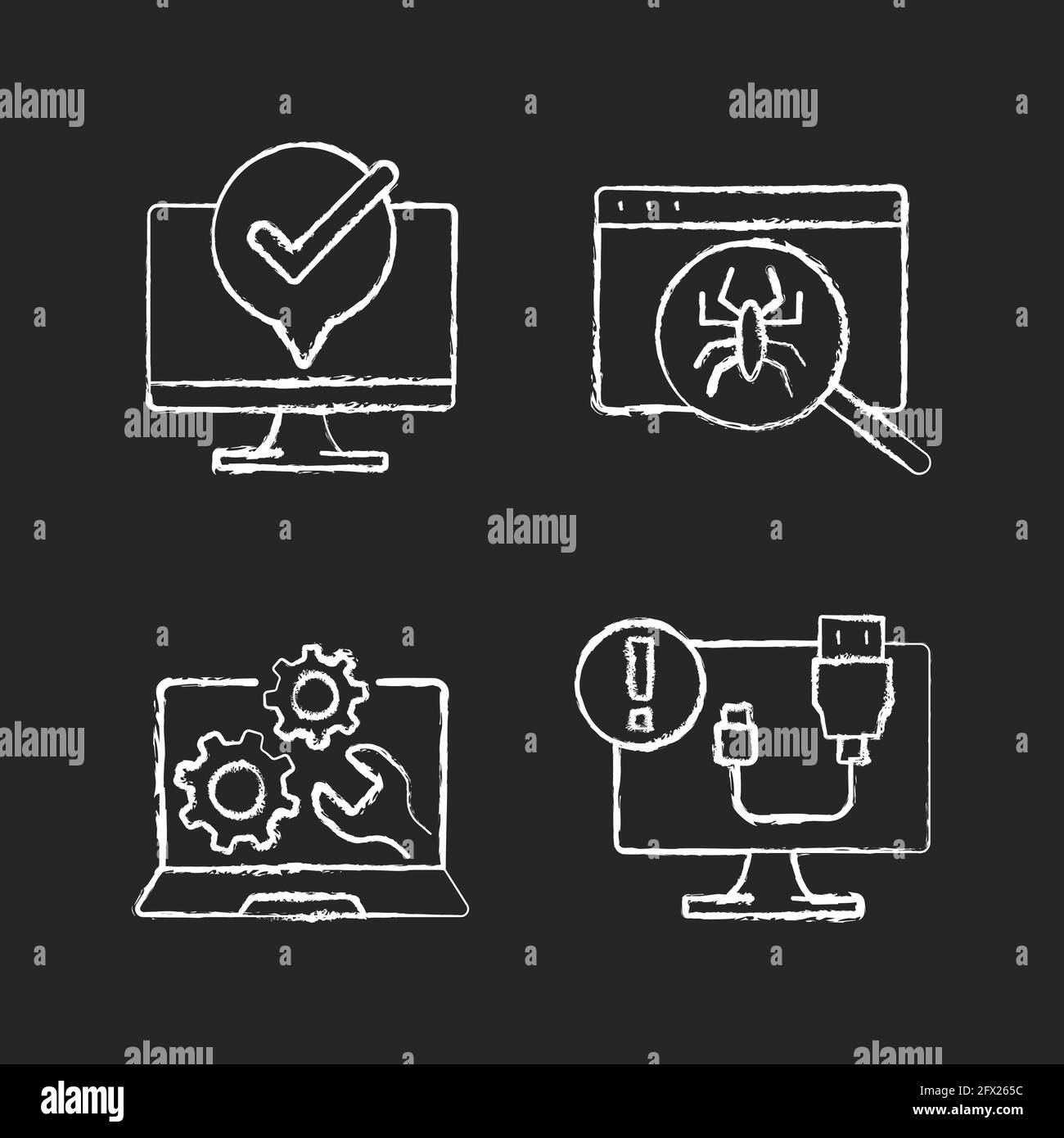 Computer diagnostics chalk white icons set on black background Stock Vector