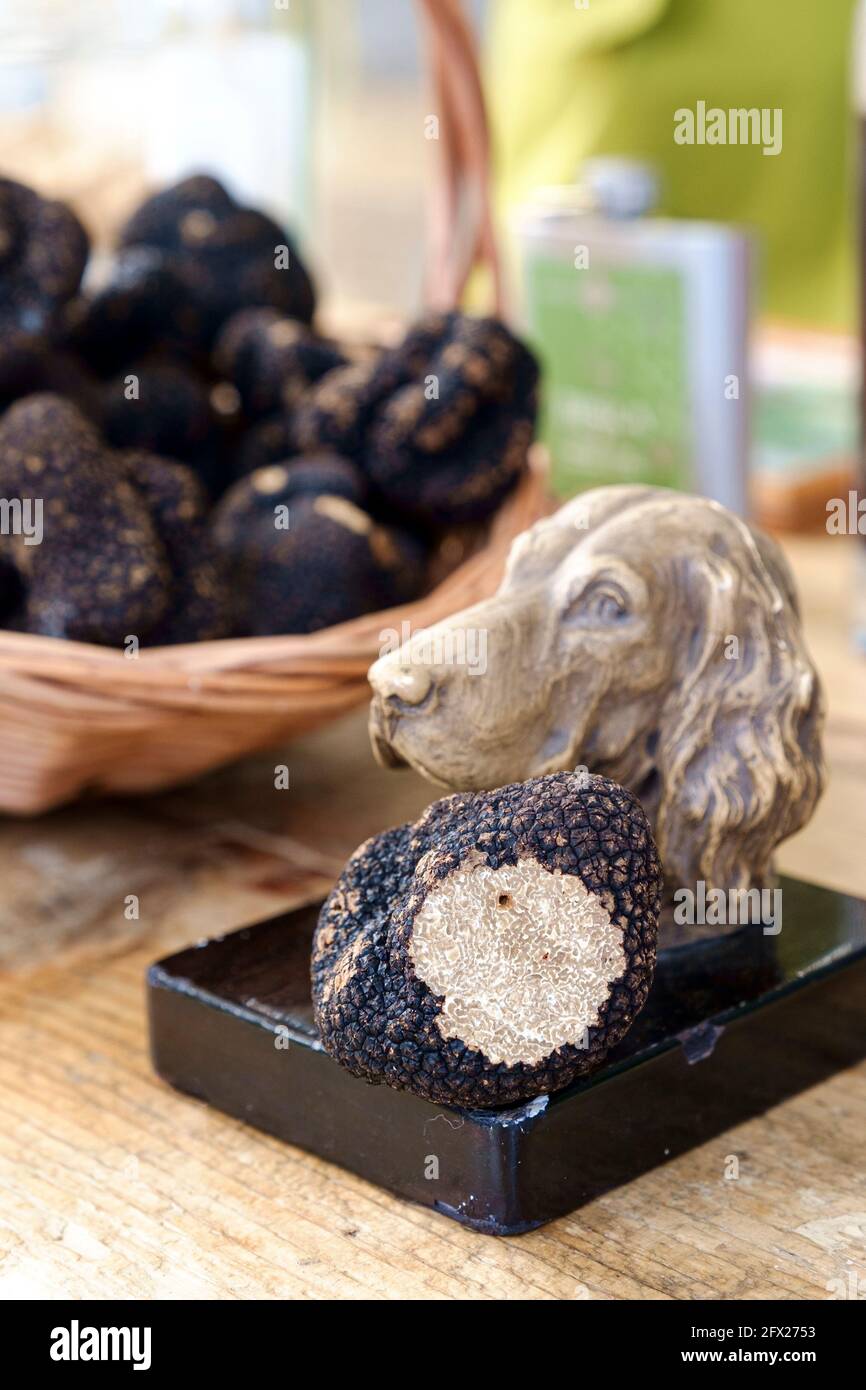 Black truffles prepared for eating. Truffles have a distinctive worm like pattern inside their dark exteriors. They can be cooked or eaten raw. Stock Photo