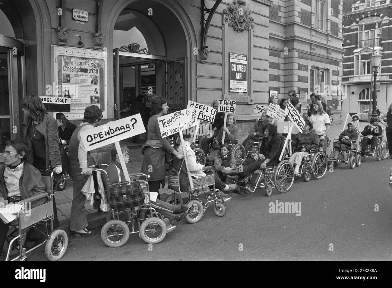 Physically handicapped hold protest march in Amsterdam against high sidewalks and so on, here in front of Concertgebouw, September 18, 1972, CHILDREN, protests, The Netherlands, 20th century press agency photo, news to remember, documentary, historic photography 1945-1990, visual stories, human history of the Twentieth Century, capturing moments in time Stock Photo
