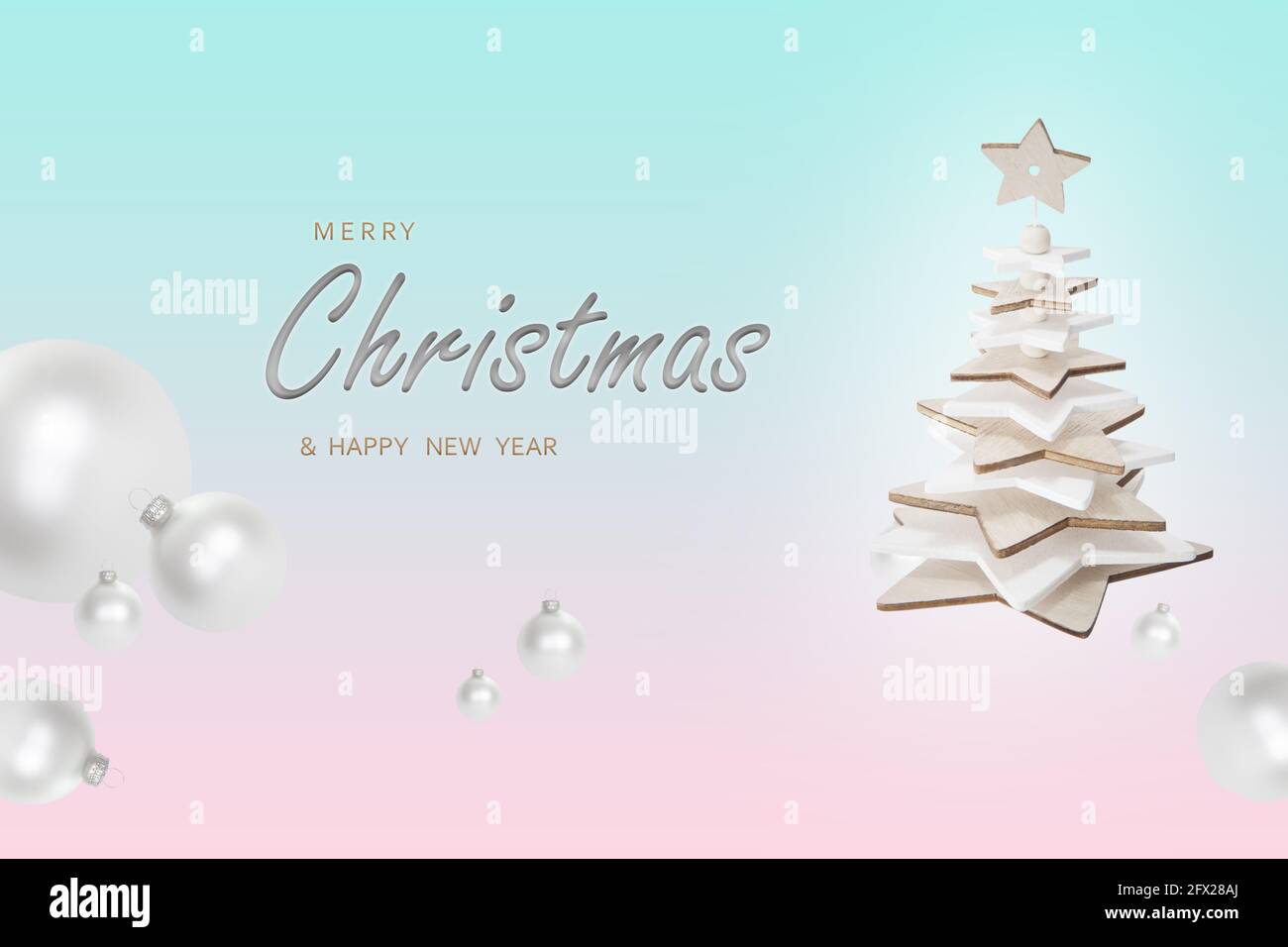 Christmas and New Year background. Xmas pine fir lush tree. White glass ...