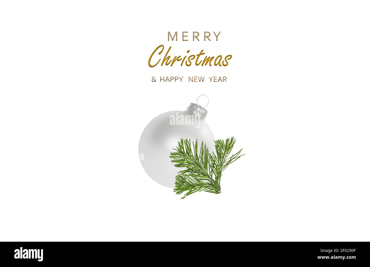 Merry Christmas and Happy New Year. Festive background with a round Christmas ball, a branch of a Christmas tree and decorative design elements. Set p Stock Photo