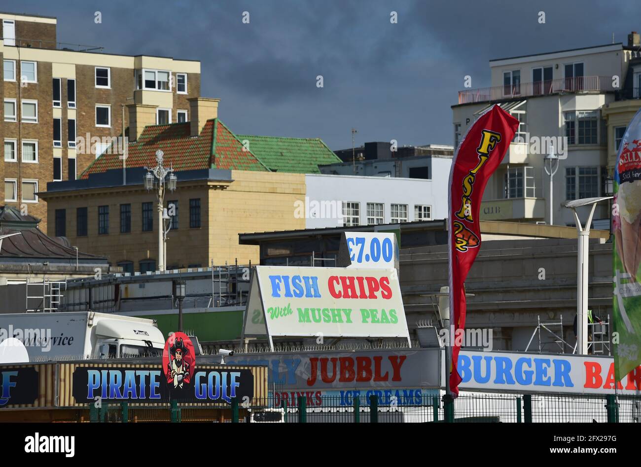 Fish & Chips cafe sign on Brighton seafront South Coast Sussex coast UK