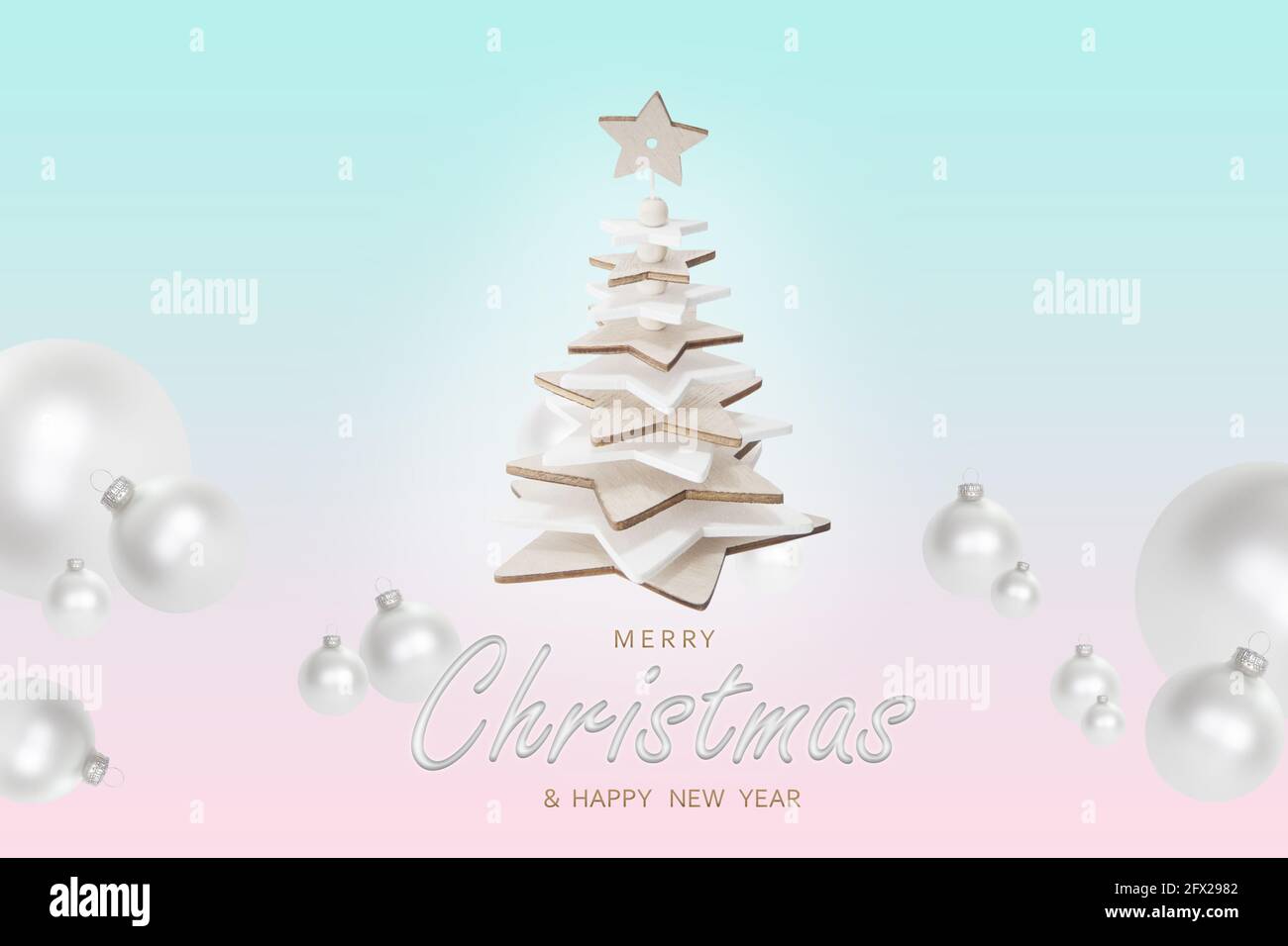 Christmas and New Year background. Xmas pine fir lush tree. White glass ...