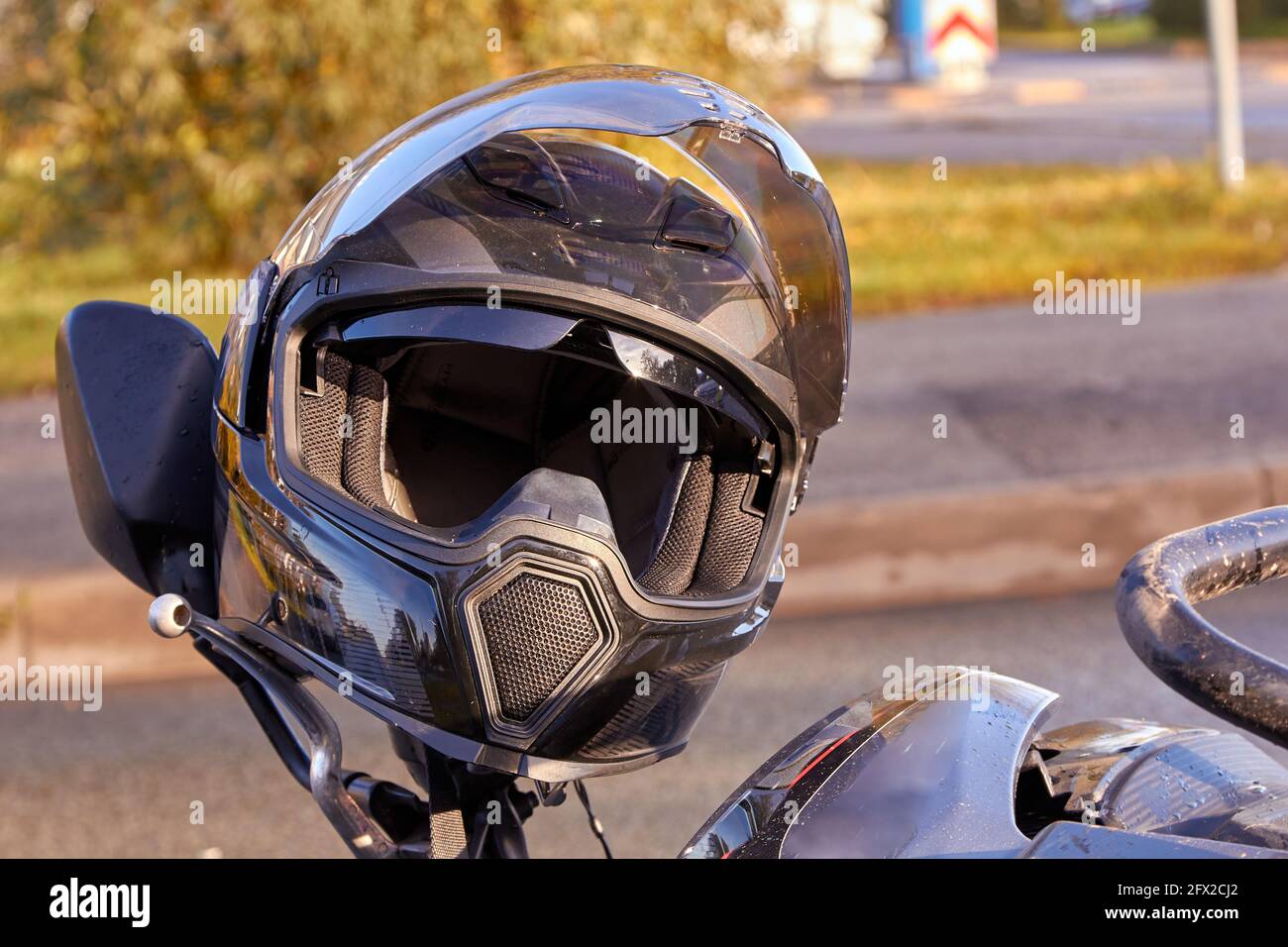 October 13, 2020, Riga, Latvia, damaged  motorbike on the city road at the scene of an accident Stock Photo
