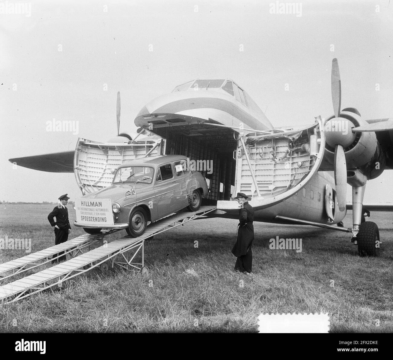Air show. Car leaves cargo plane, August 2, 1952, Autos, air shows, The  Netherlands, 20th century press agency photo, news to remember,  documentary, historic photography 1945-1990, visual stories, human history  of the