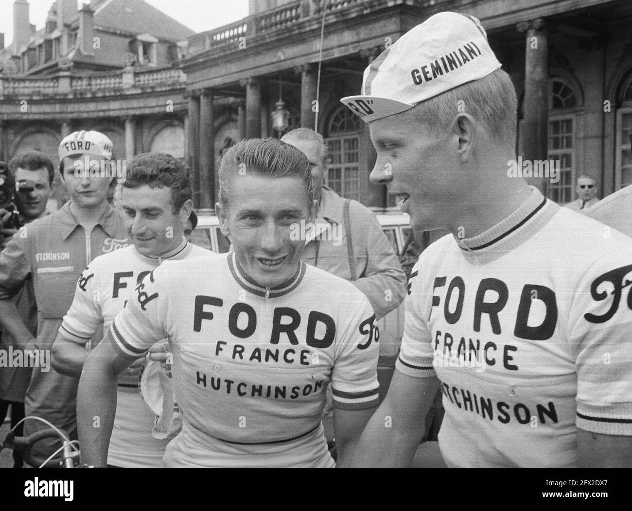 Lucien Aimar, Jacques Anquetil and Arie den Hartog, Tour de France 1966 (cropped), The Netherlands, 20th century press agency photo, news to remember, documentary, historic photography 1945-1990, visual stories, human history of the Twentieth Century, capturing moments in time Stock Photo
