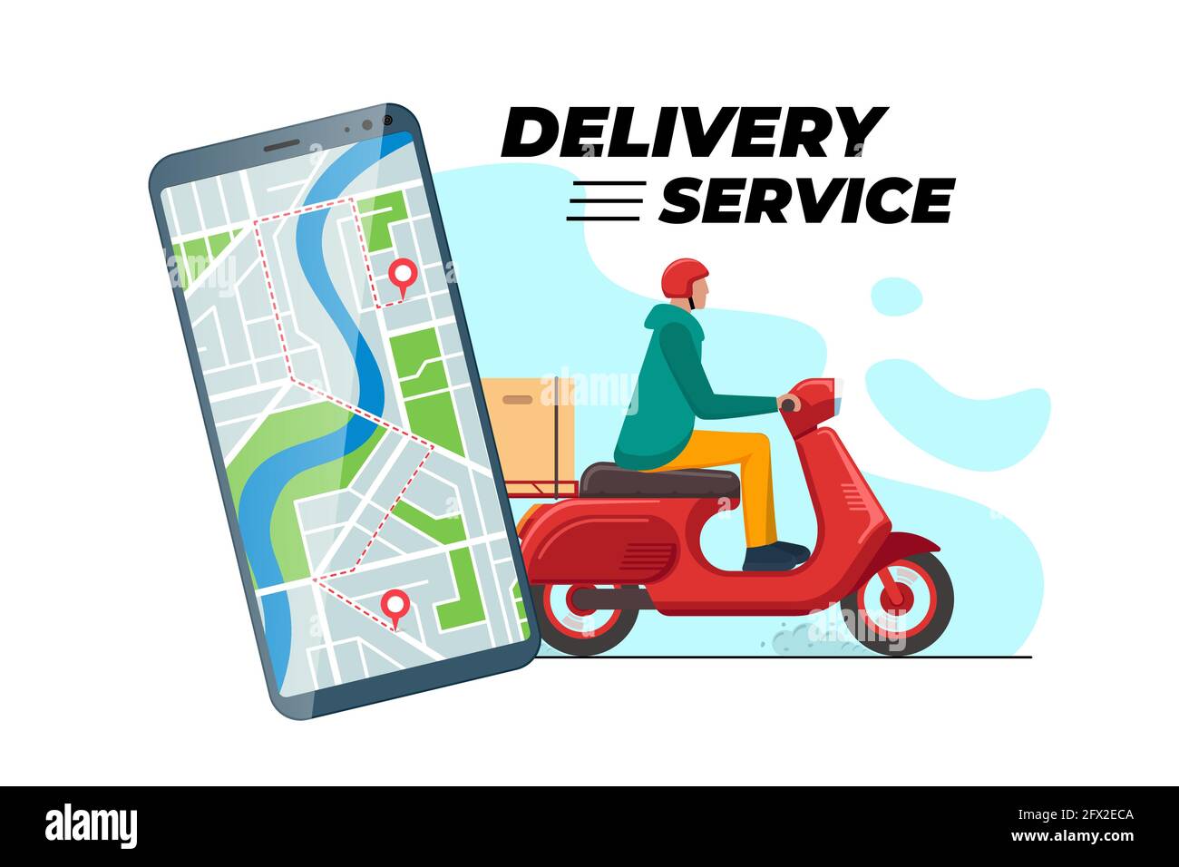 Safe contactless delivery tracking service app concept banner. Boy courier in motorbike helmet on red scooter moped delivering package box. Online ordering mobile city map application and location eps Stock Vector