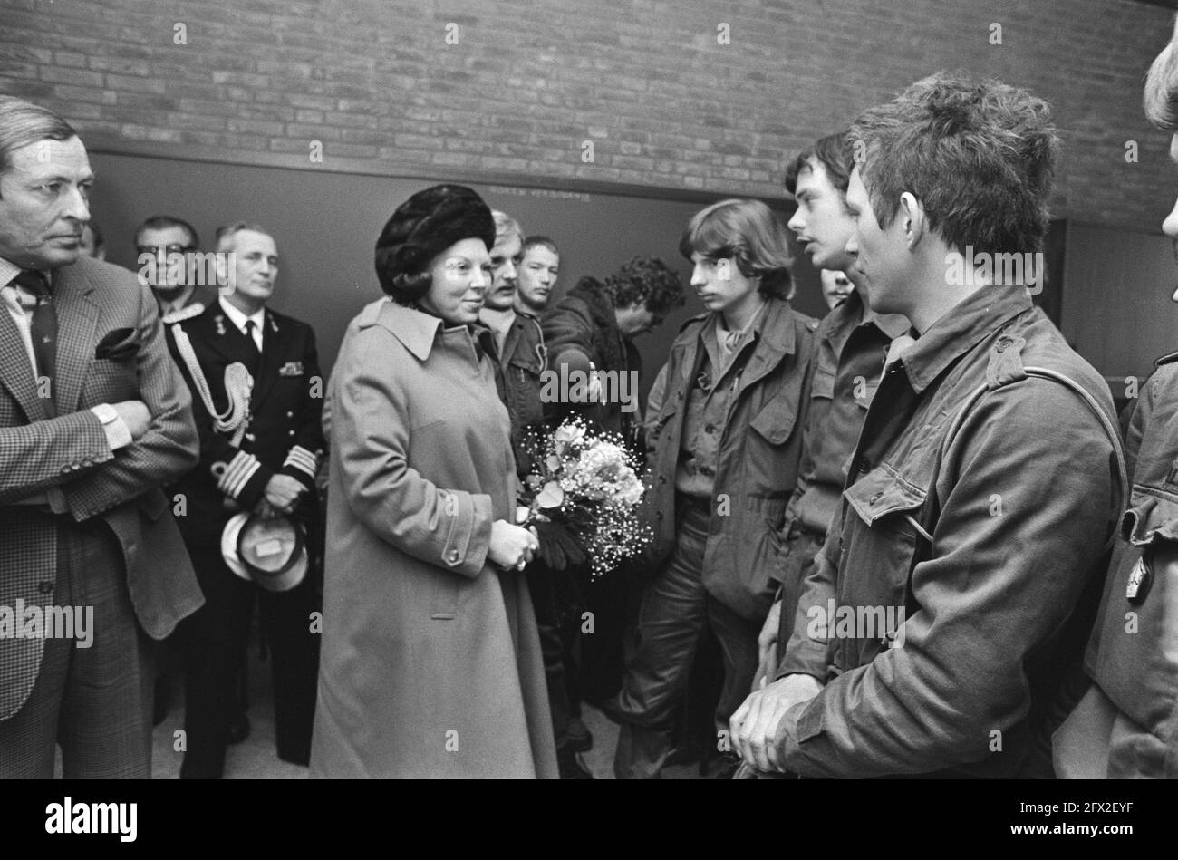 Princess Beatrix speaks with military, February 22, 1979, visits, barracks, royal family, military, The Netherlands, 20th century press agency photo, news to remember, documentary, historic photography 1945-1990, visual stories, human history of the Twentieth Century, capturing moments in time Stock Photo