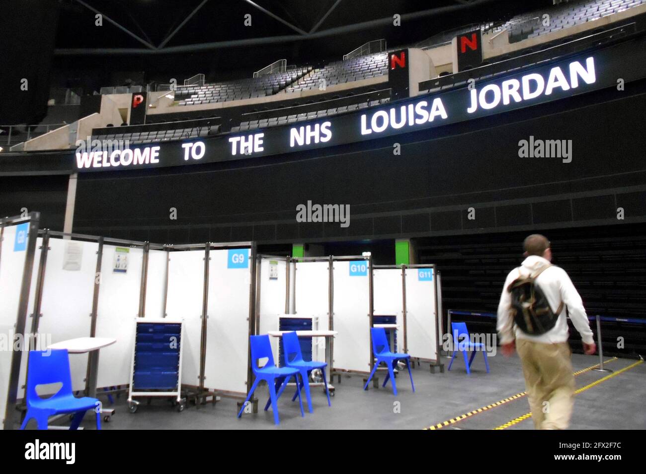 Inside the Louisa Jordan, NHS temporary hospital, where people in Glasgow get their anti-virus vaccination to combat the Covid virus. The venue is The Hydro and is used for concerts, bands and singers, and entertainment in general and can hold about 12,000 people. 2021. ©ALAN WYLIE/ALAMY Stock Photo