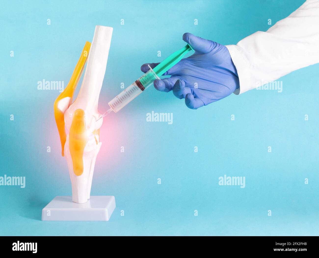 The doctor makes a therapeutic injection into the mock knee joint with