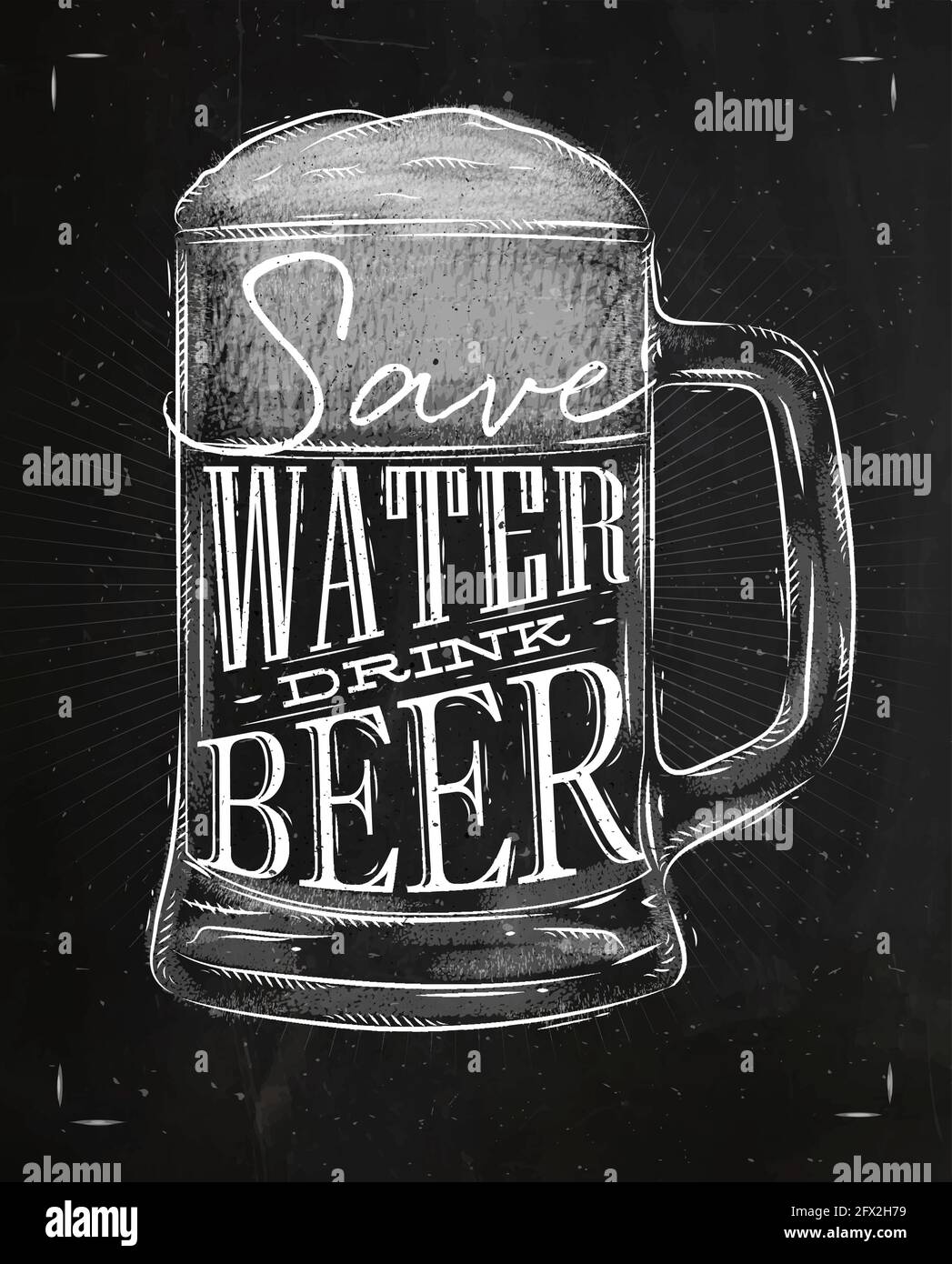 Poster beer glass lettering save water drink beer drawing in vintage style with chalk on chalkboard background Stock Vector
