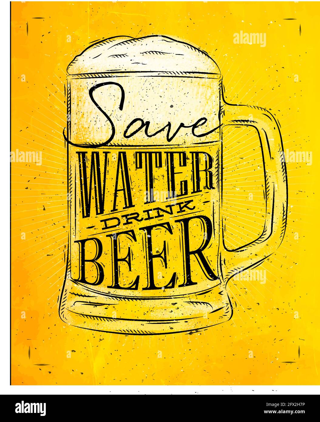 Poster beer glass lettering save water drink beer drawing in vintage style with coal on yellow paper background Stock Vector