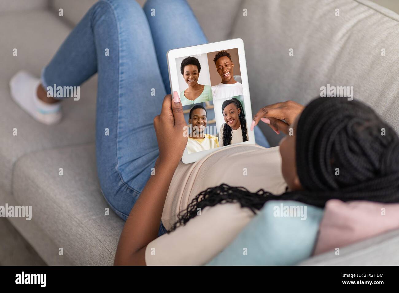 Covid-19, self-isolation, weekend and online chat with family remote Stock Photo
