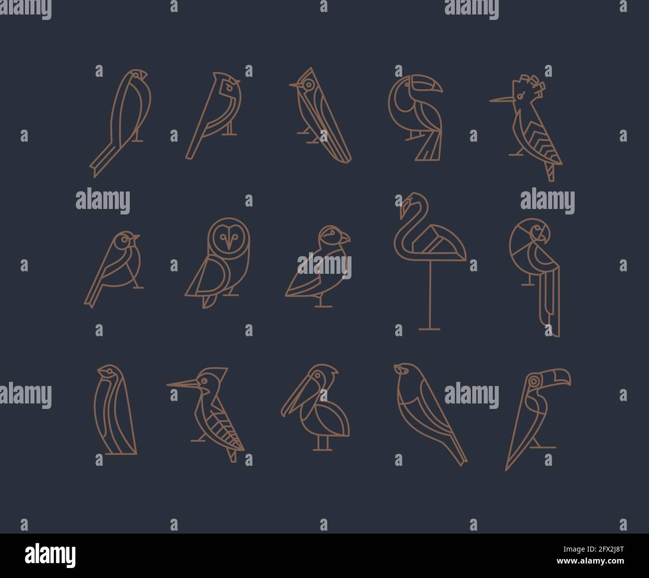 Set of bird icons in vintage art deco flat graphic style drawing on grey background Stock Vector