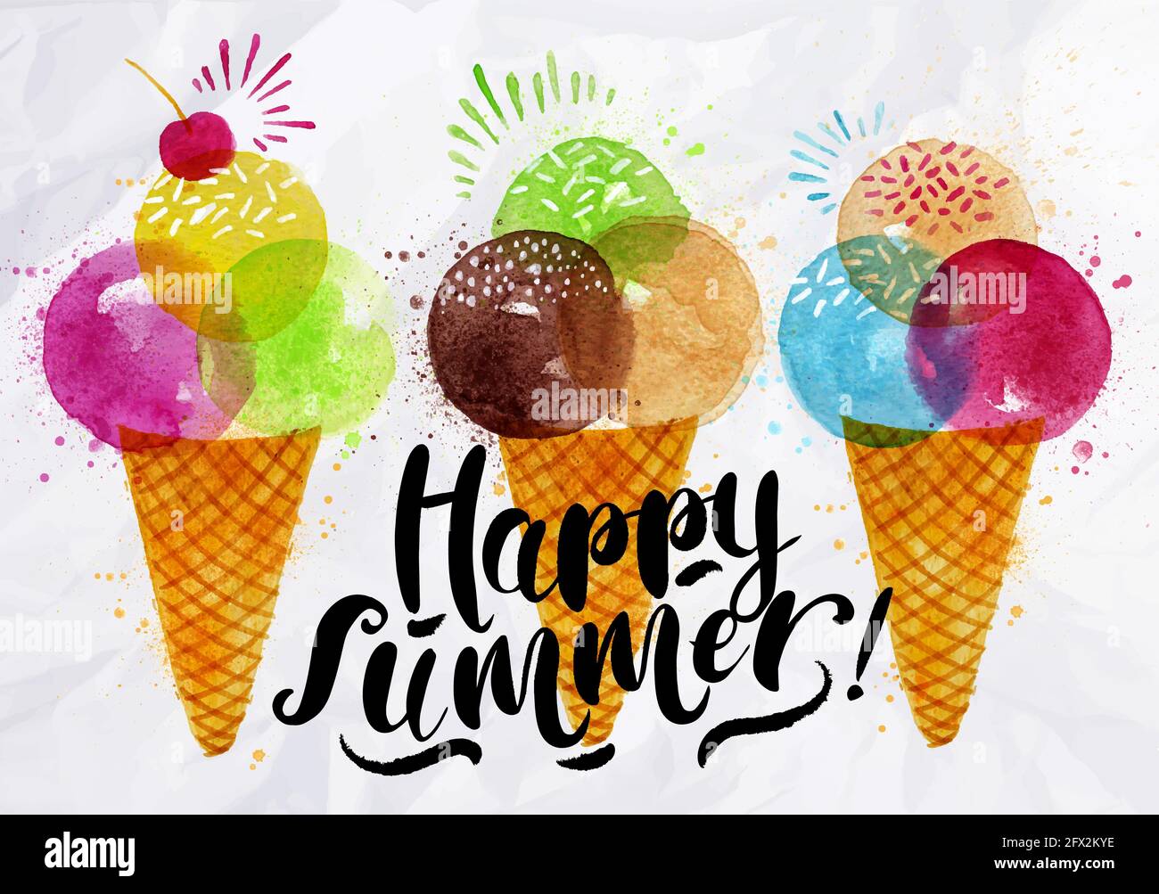 Poster watercolor ice cream cones different colors lettering happy ...