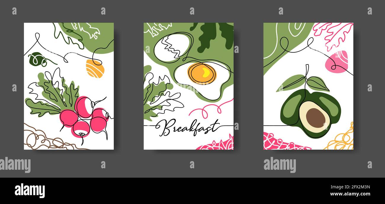 Breakfast wall line art decoration. Poster with eggs, radish, avocado. Set of vector illustrations, one continuous line drawing of breakfast food for Stock Vector