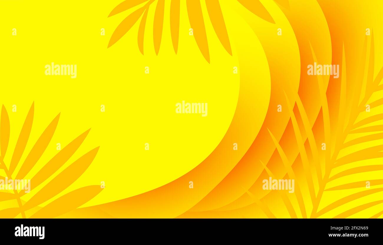 Modern graphic design wavy colorful yellow background with tropical silhouette leaves Stock Vector