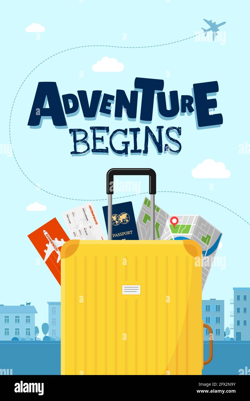 Adventure begins advertising vacation travel poster design concept. Yellow suitcase luggage with map, flight ticket and passport. Different touristic elements and plane path vector illustration poster Stock Vector