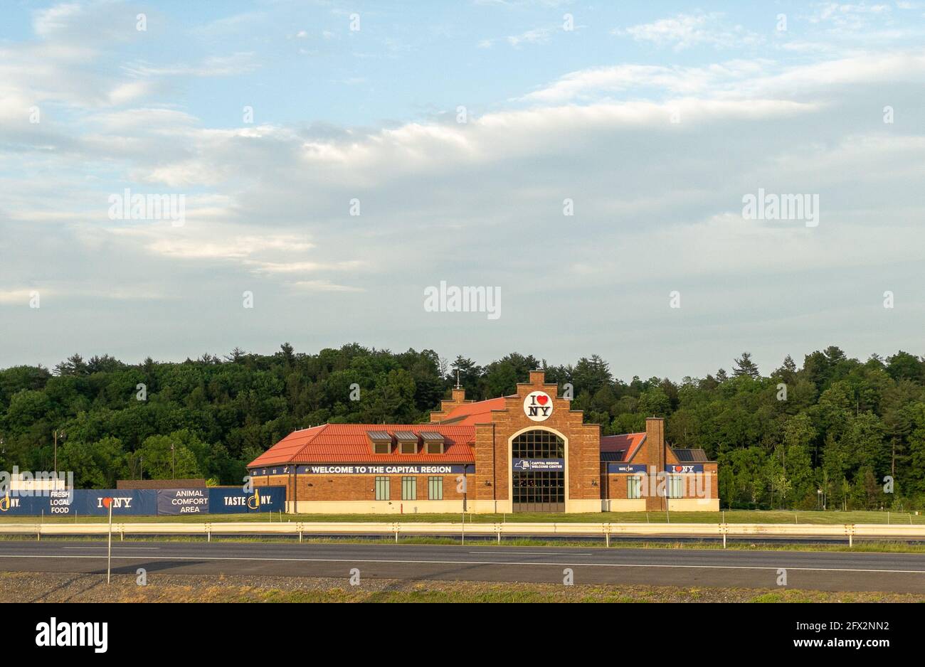 Hannacroix, NY - USA - May 22, 2021: A view of the Capital Region Welcome Center; with a historic Dutch-style building facade, represents the gateway Stock Photo