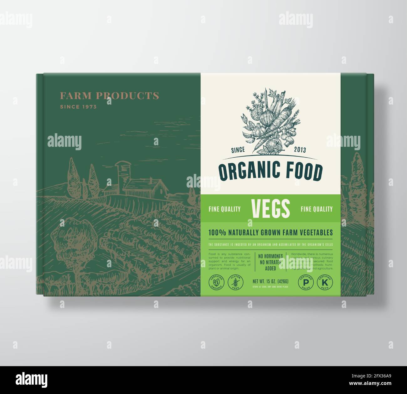 Premium Quality Food Mock Up. Organic Vector Packaging Label Design on a  Cardboard Box Container. Modern Typography and Hand Drawn Vegetables, Herbs  Stock Vector Image & Art - Alamy