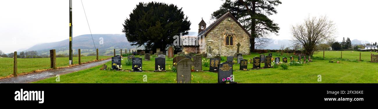 The medieval church of St Beuno and St Peter at Llanveynoe  can be discovered in a remote hamlet along a narrow country lane above the Olchon valley Stock Photo