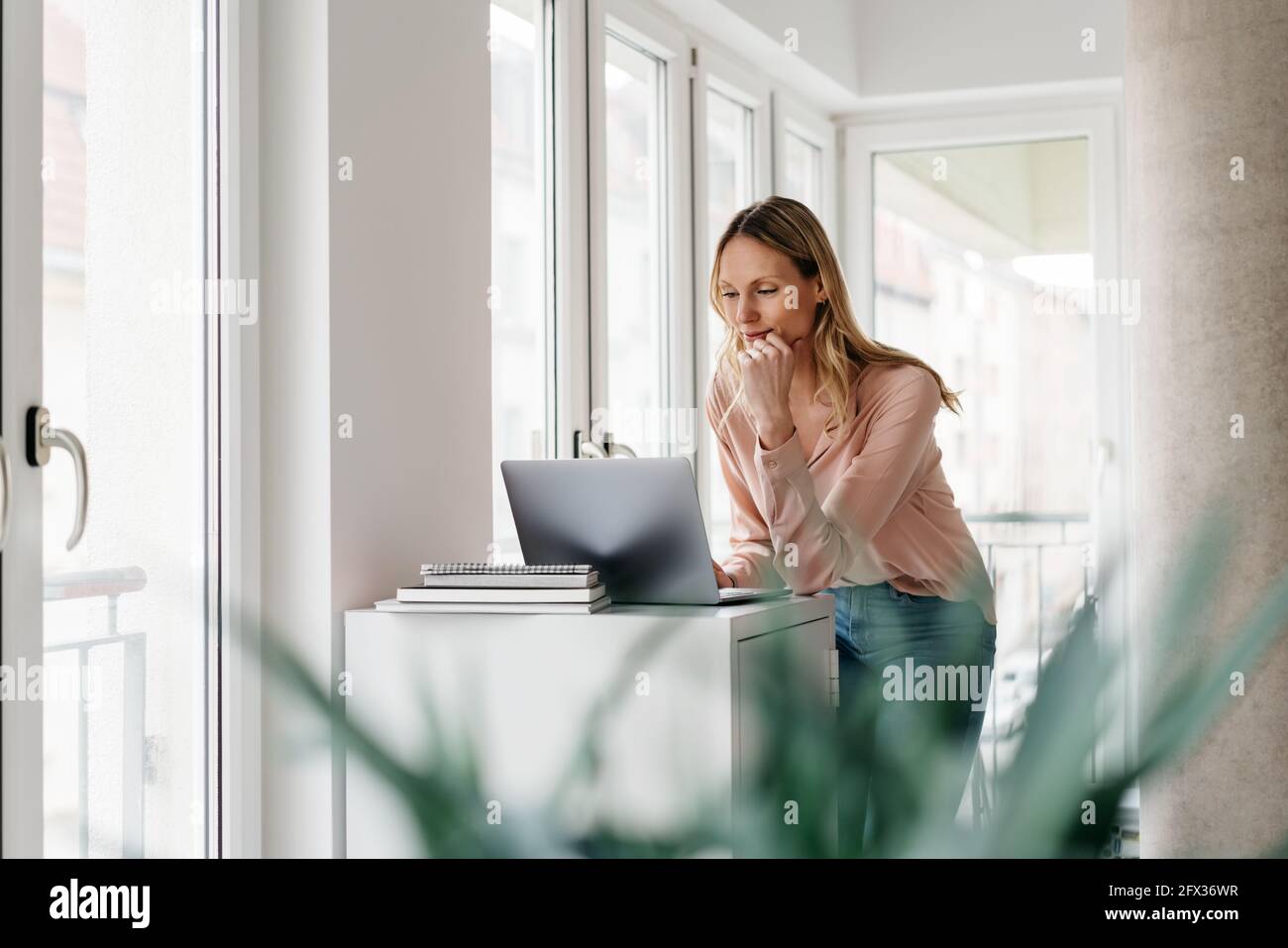 Young woman standing working at a laptop with a thoughtful smile as she leans on the cabinet in a high key apartment or office viewed past a potted pl Stock Photo