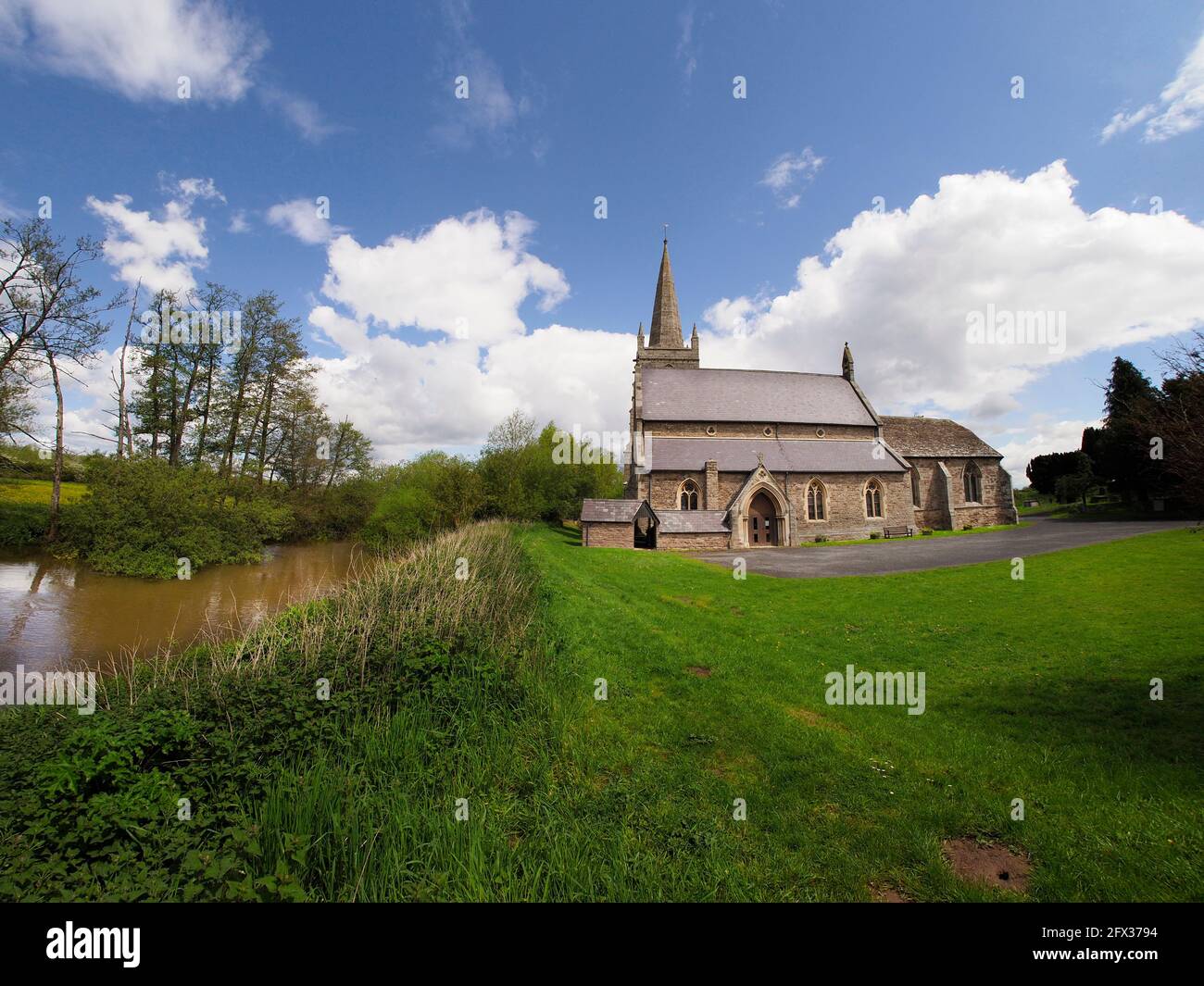The historic church of St Mary the Virgin, Marden is a Grade 1 listed building, peaceful and rural on the banks of the River Lugg. Stock Photo